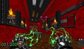 A screenshot of fighting a magic during Heretic gameplay from Heretic + Hexen