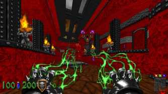 A screenshot of fighting a magic during Heretic gameplay from Heretic + Hexen