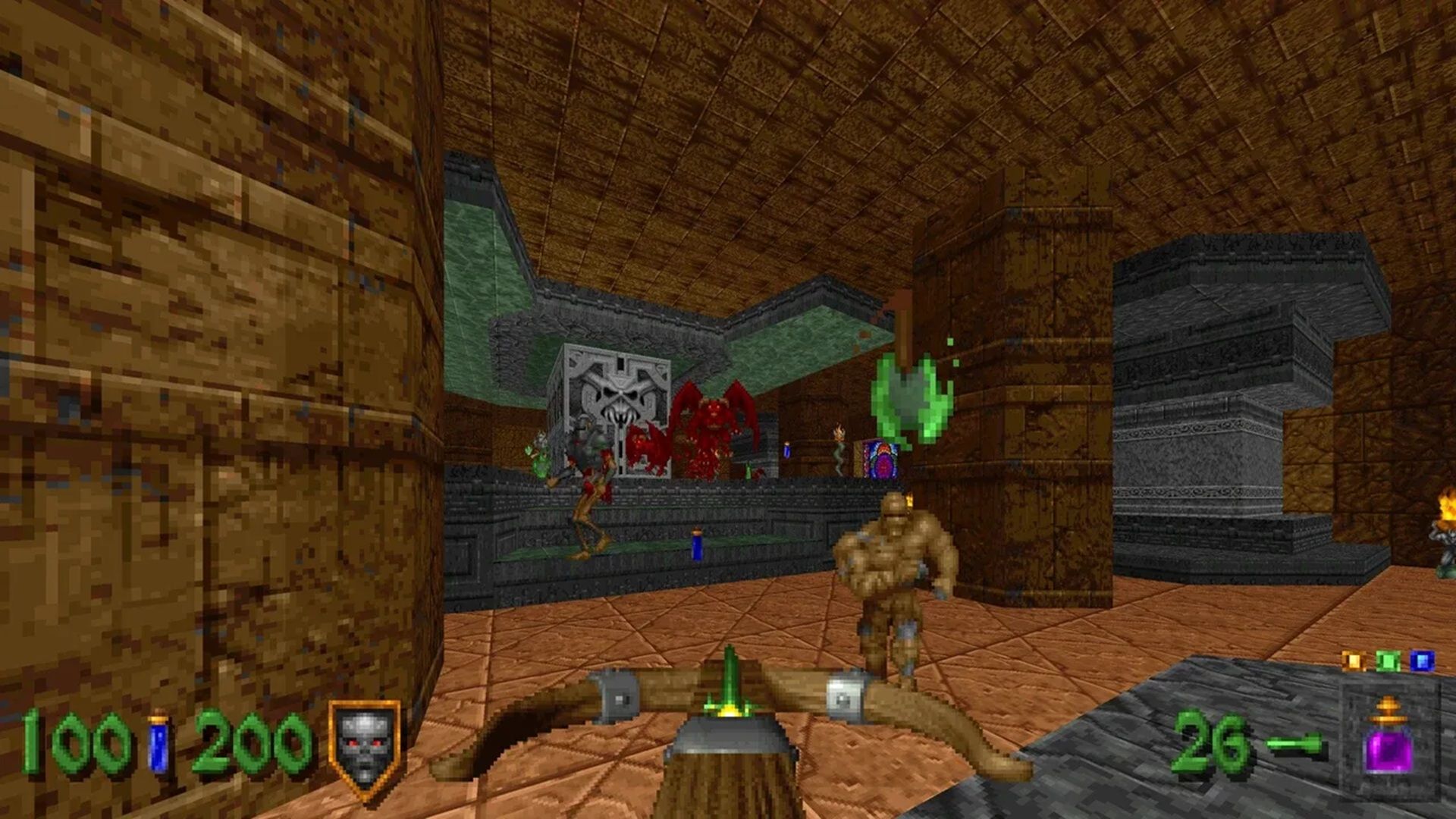 A screenshot of exploring a ruins during Heretic gameplay from Heretic + Hexen