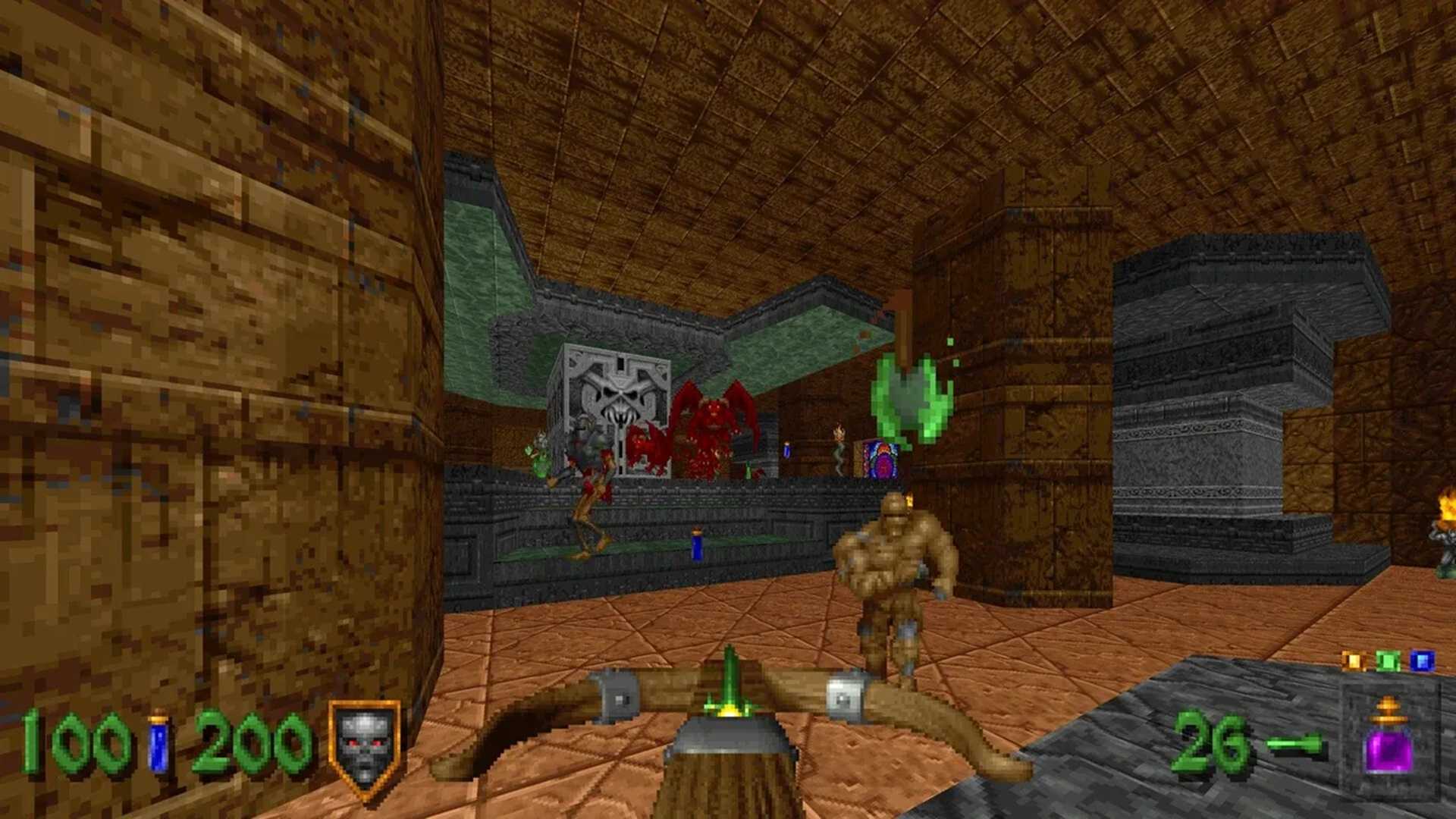 A screenshot of exploring a ruins during Heretic gameplay from Heretic + Hexen