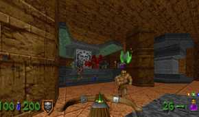 A screenshot of exploring a ruins during Heretic gameplay from Heretic + Hexen