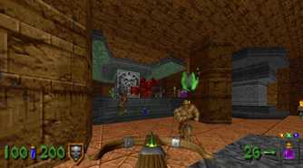 A screenshot of exploring a ruins during Heretic gameplay from Heretic + Hexen