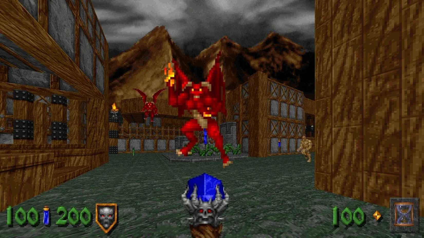 A screenshot of a flying enemy in Heretic gameplay from Heretic + Hexen