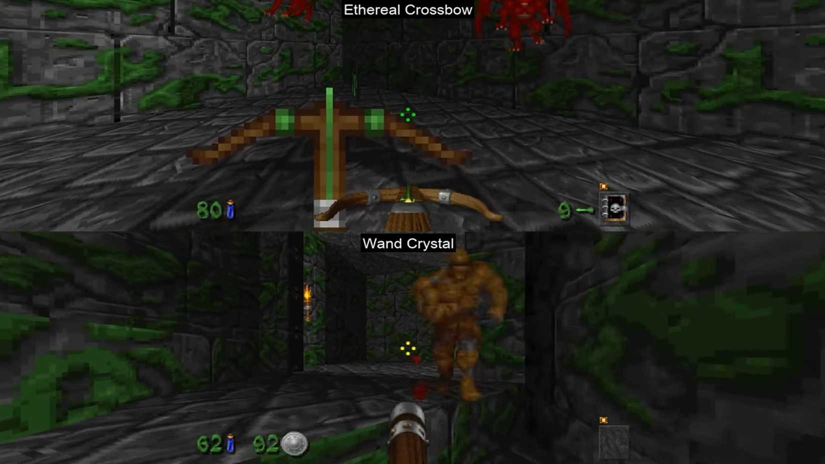 A screenshot of co-op split-screen multiplayer for Heretic in Heretic + Hexen