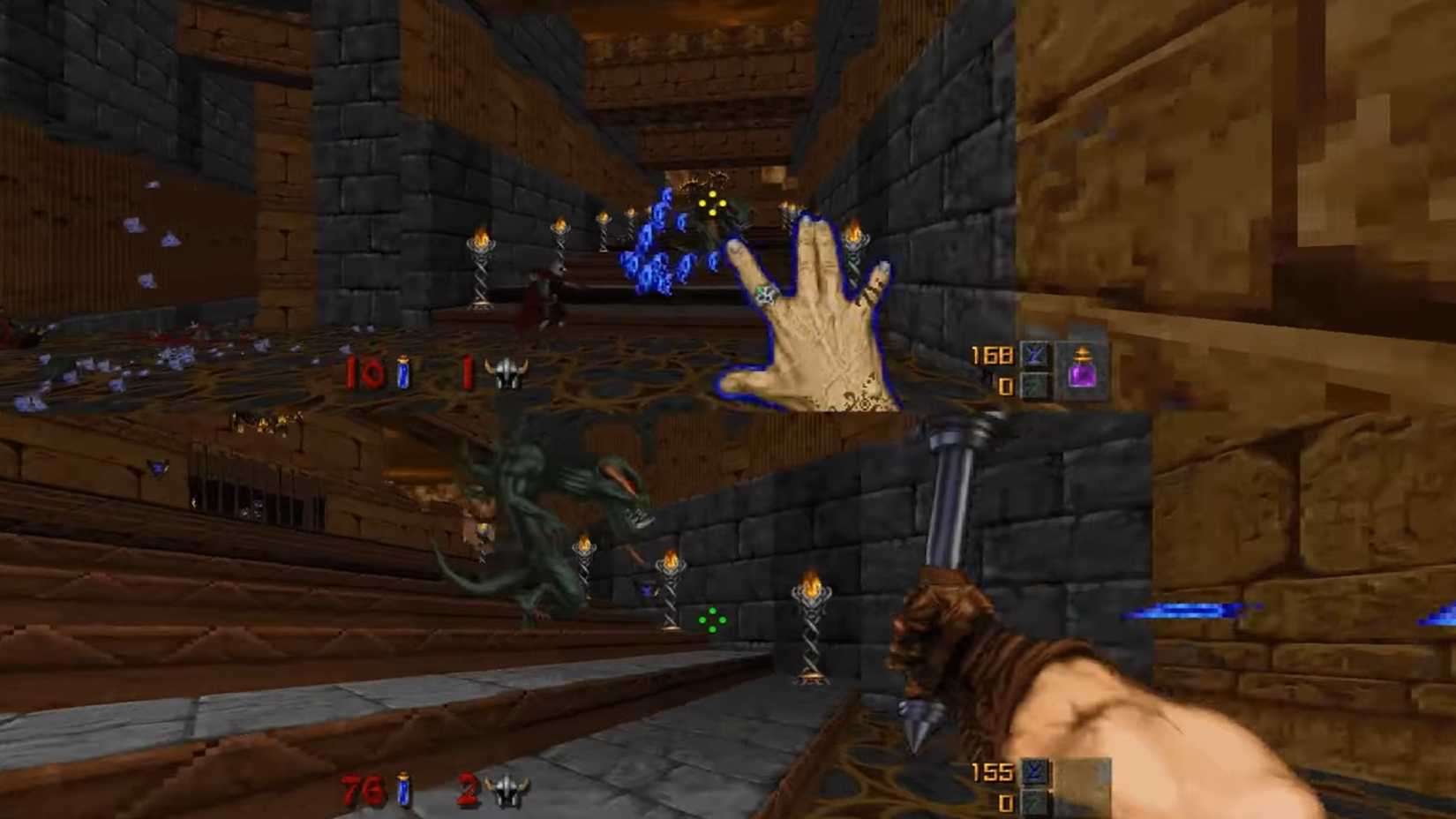 A screenshot of co-op split-screen multiplayer for Hexen in Heretic + Hexen