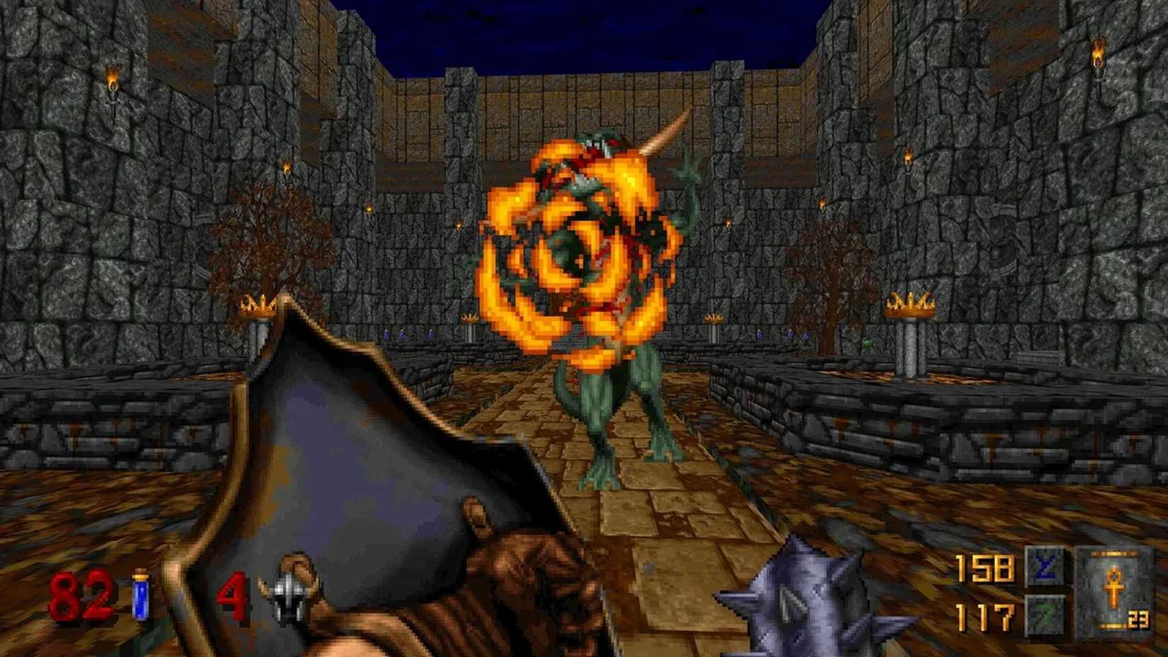 A screenshot of parrying attacks with the Cleric from Hexen in Heretic + Hexen