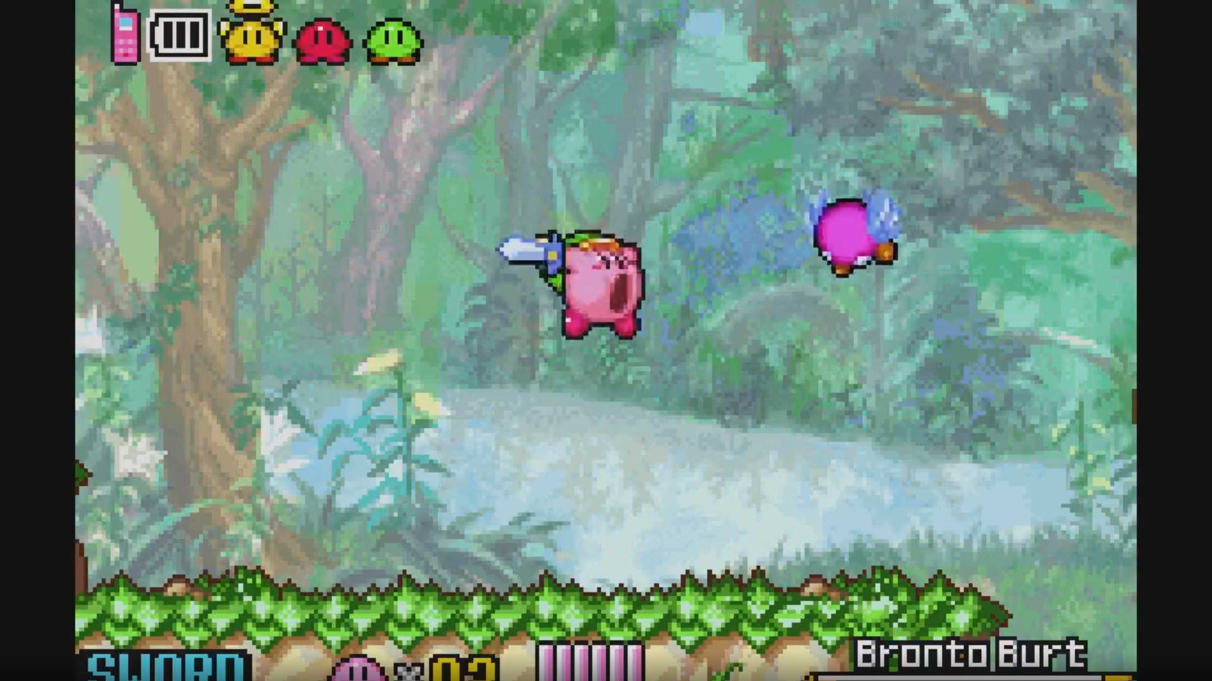 A screenshot from Kirby & the Amazing Mirror on the Game Boy Advance.