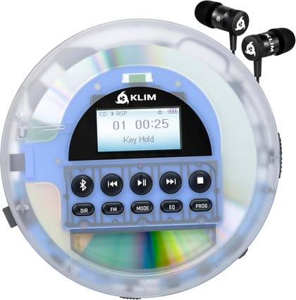Klim Nomad Portable CD Player with black headphones in front of a white background