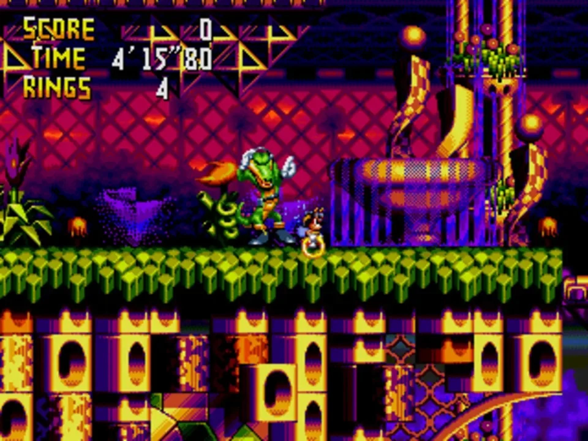 A screenshot of a character being ideal in Knuckles Chaotix