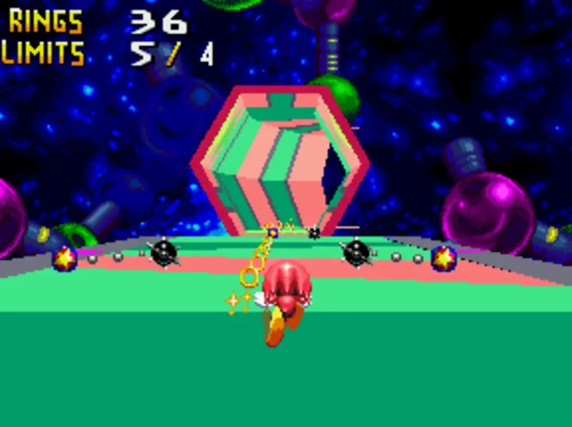 A screenshot of Knuckles in a bonus stage in Knuckles Chaotix