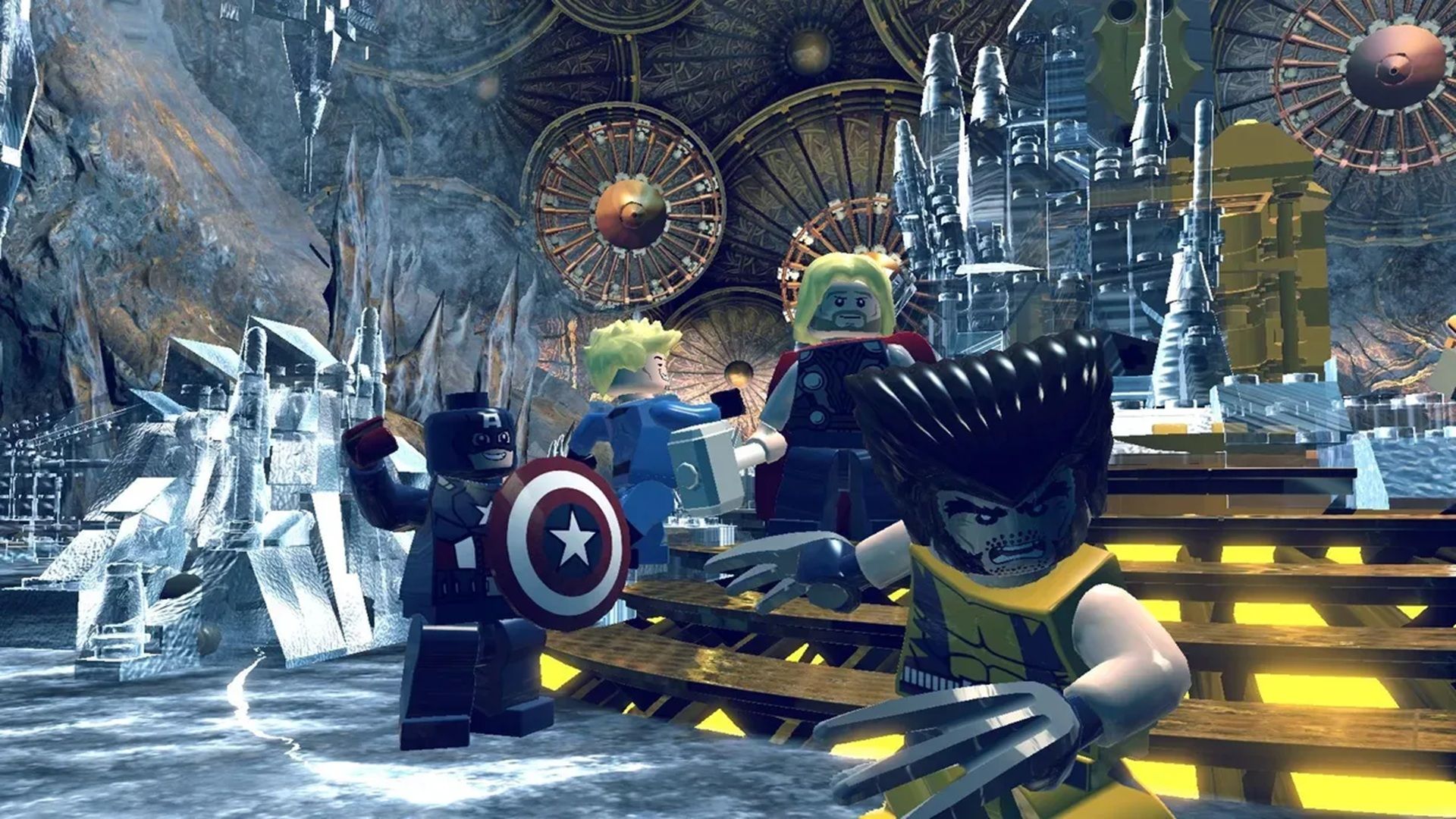 A screenshot of Wolverine, Captain America, Thor, and Johnny Storm in LEGO Marvel Super Heroes