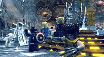 A screenshot of Wolverine, Captain America, Thor, and Johnny Storm in LEGO Marvel Super Heroes