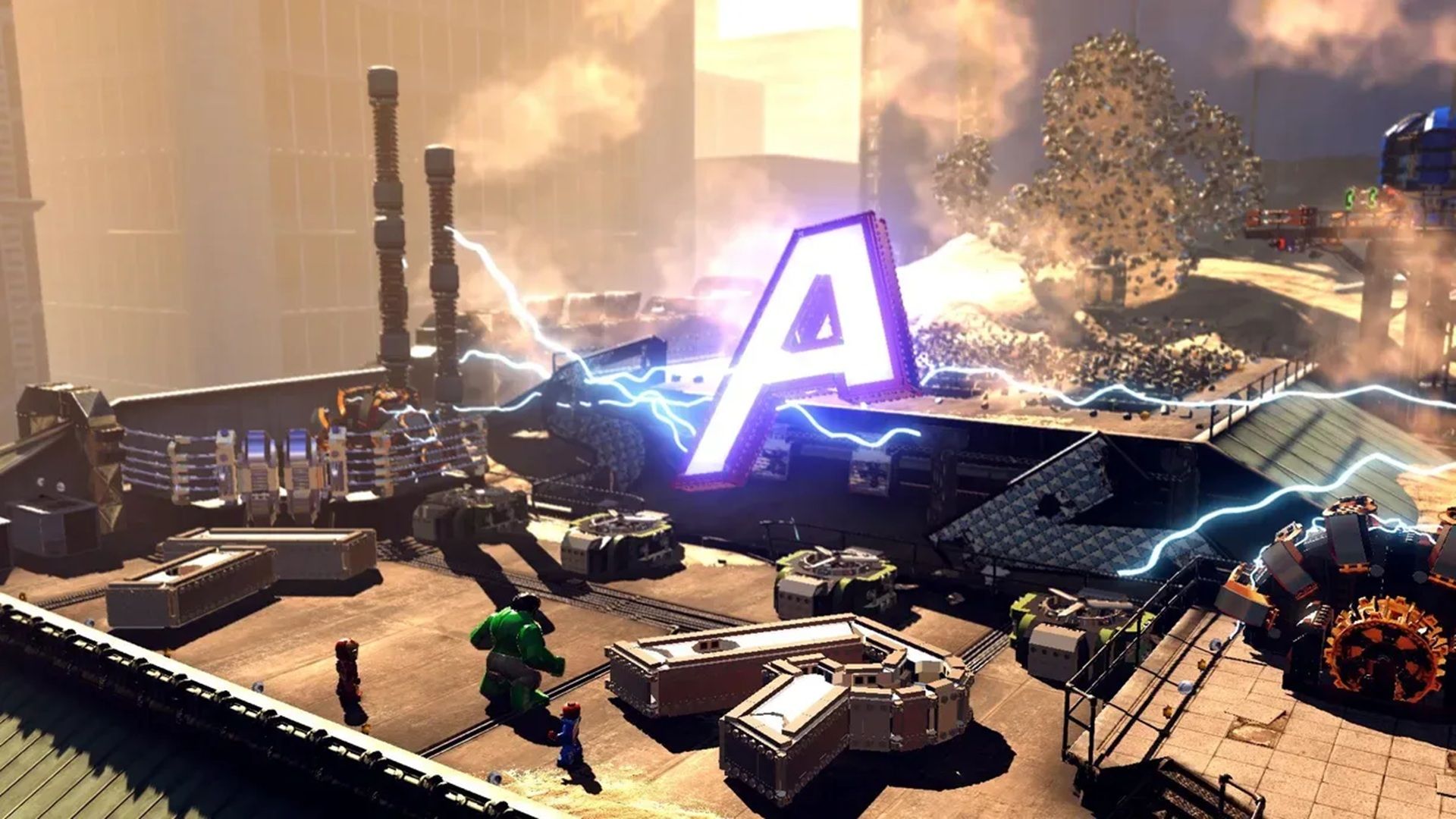 A screenshot of Hulk and a floating Avengers A in LEGO Marvel Super Heroes