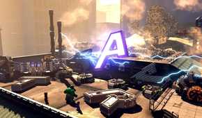 A screenshot of Hulk and a floating Avengers A in LEGO Marvel Super Heroes