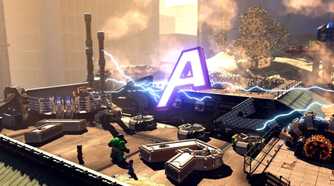 A screenshot of Hulk and a floating Avengers A in LEGO Marvel Super Heroes