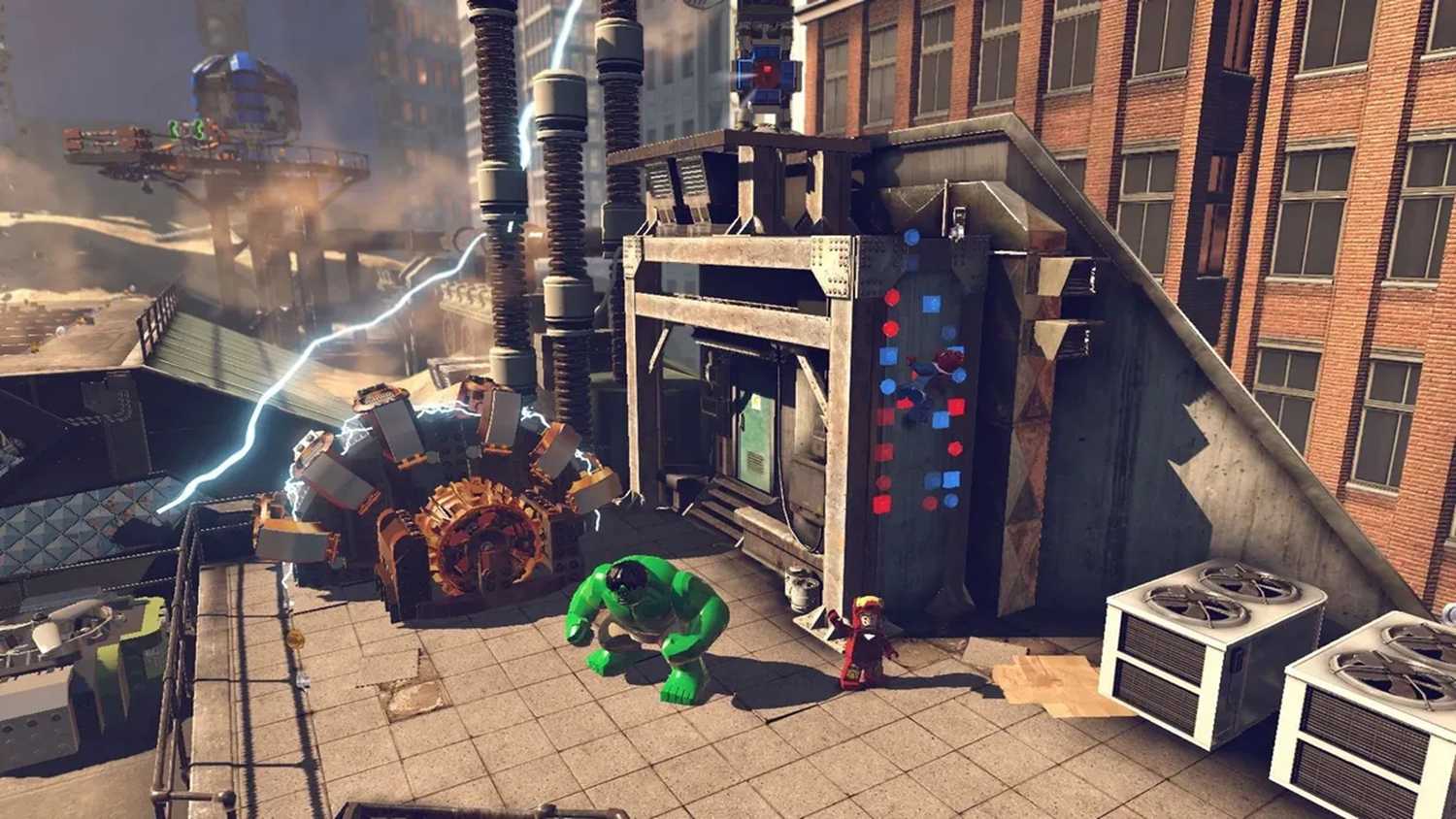 A screenshot of Hulk and Thor with a big machine in LEGO Marvel Super Heroes