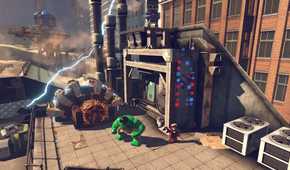 A screenshot of Hulk and Thor with a big machine in LEGO Marvel Super Heroes