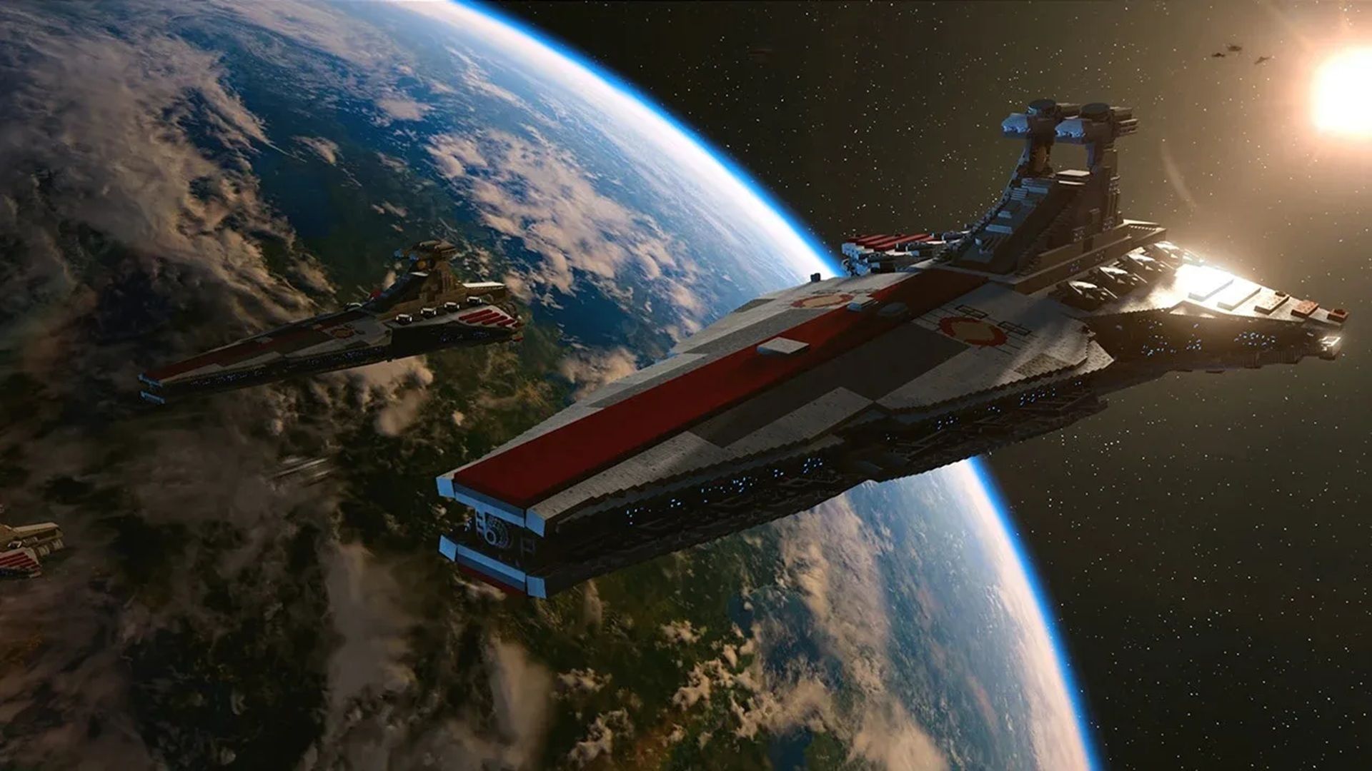 A screenshot a cruiser in space from LEGO Star Wars The Skywalker Saga