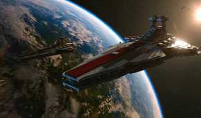 A screenshot a cruiser in space from LEGO Star Wars The Skywalker Saga