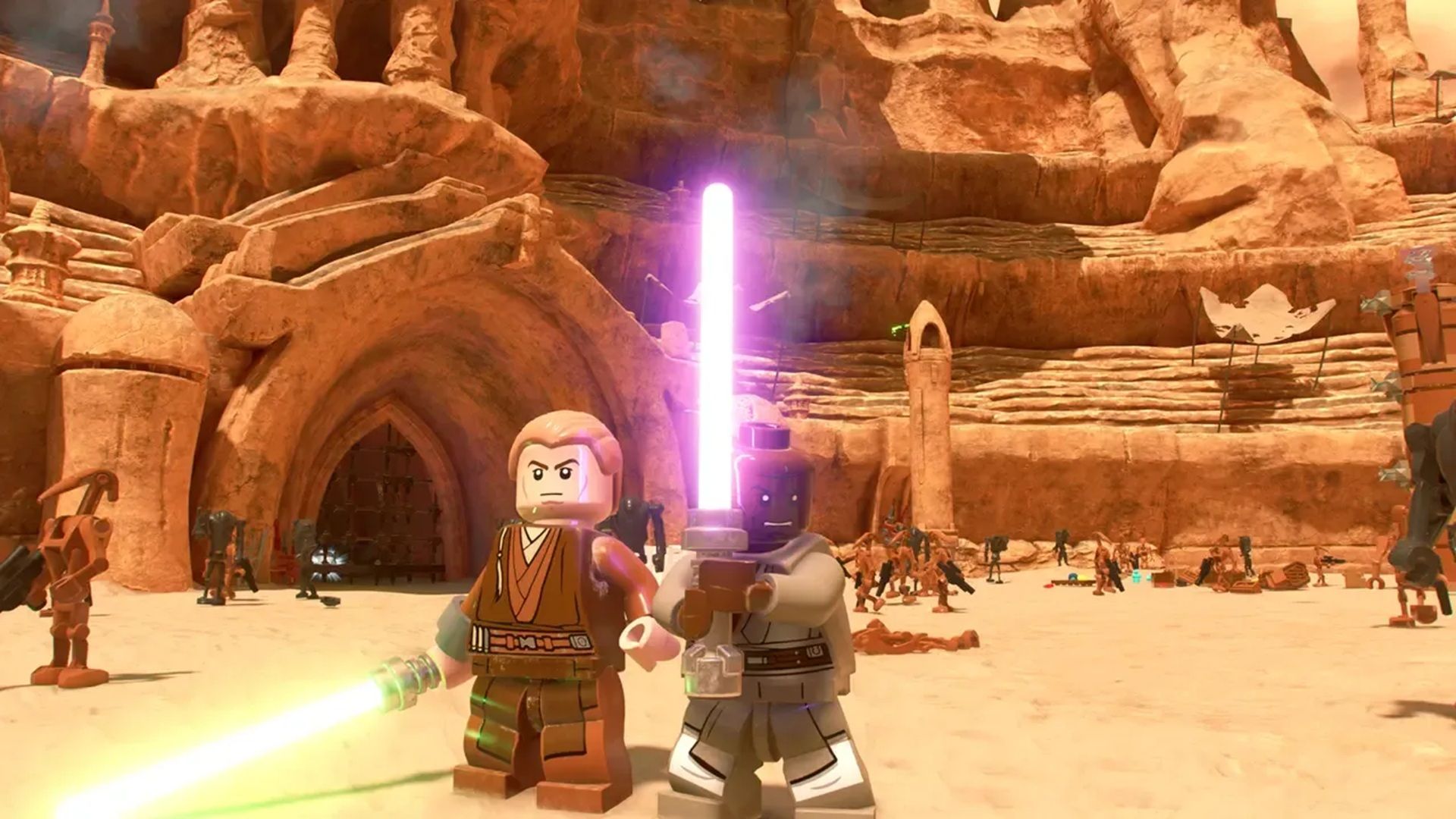 A screenshot of Anakin and Mace Windu from LEGO Star Wars The Skywalker Saga
