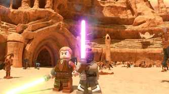 A screenshot of Anakin and Mace Windu from LEGO Star Wars The Skywalker Saga