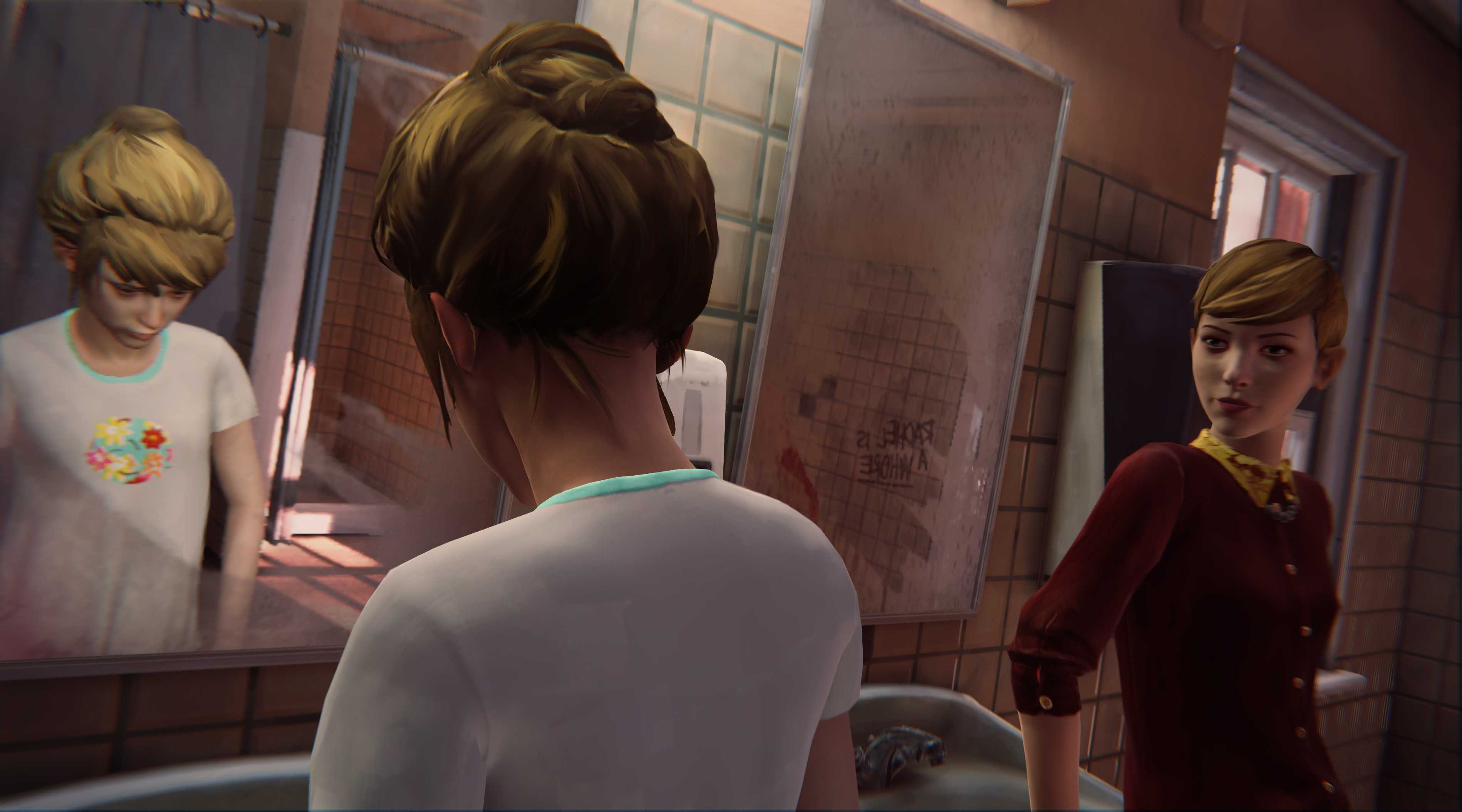 Two female students interacting in the restroom in Life is Strange.