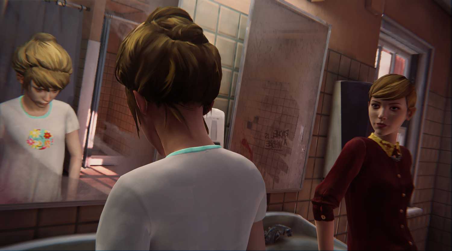 Two female students interacting in the restroom in Life is Strange.