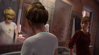 Two female students interacting in the restroom in Life is Strange.