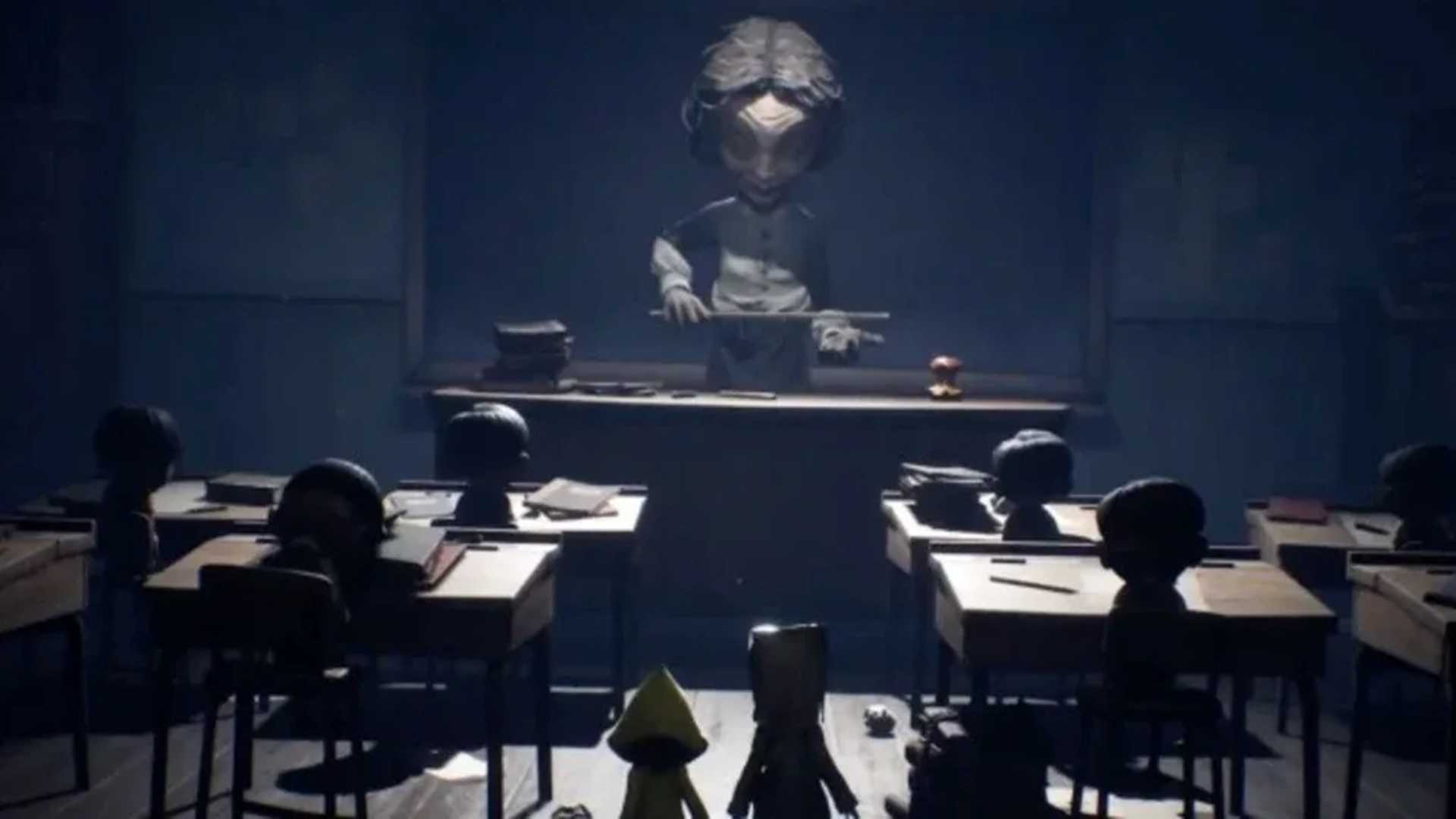 A screenshot of a towering figure over a class of small kids in Little Nightmares 2