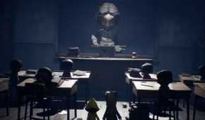 A screenshot of a towering figure over a class of small kids in Little Nightmares 2
