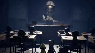 A screenshot of a towering figure over a class of small kids in Little Nightmares 2