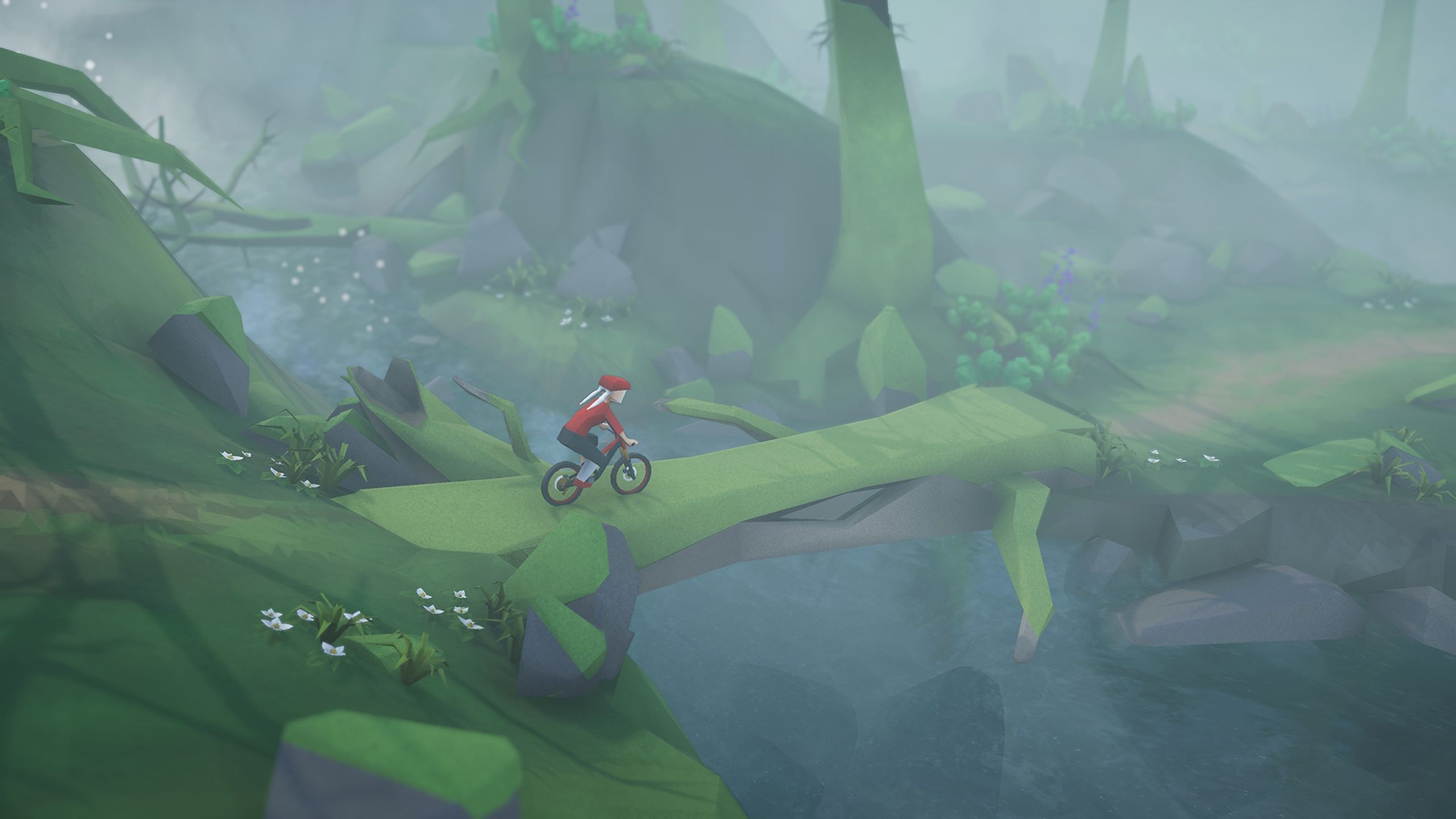 Crossing a log across a forest stream in Lonely Mountains: Downhill.