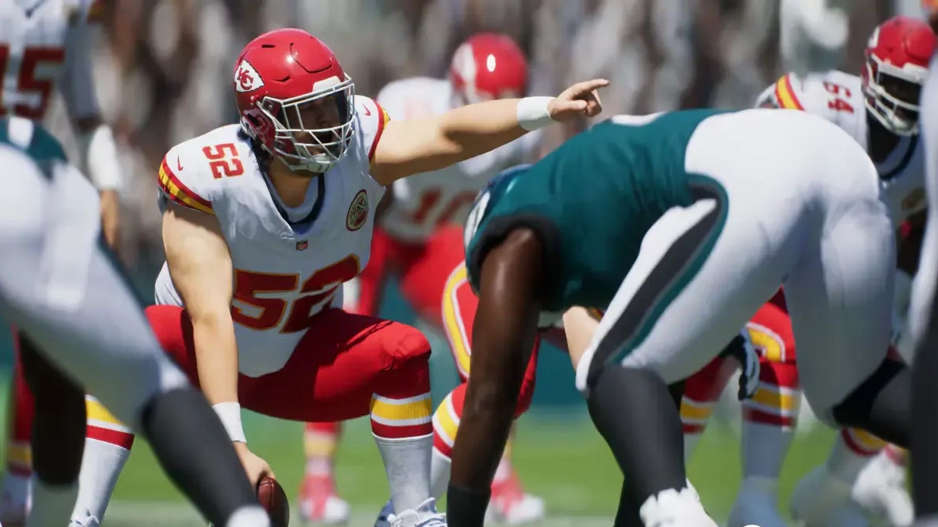 A screenshot of a football game with the Chiefs and the Eagles in Madden 25 