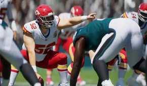 A screenshot of a football game with the Chiefs and the Eagles in Madden 25