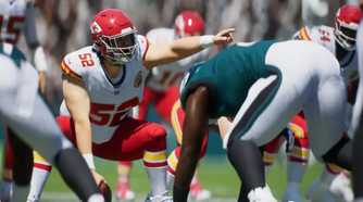 A screenshot of a football game with the Chiefs and the Eagles in Madden 25
