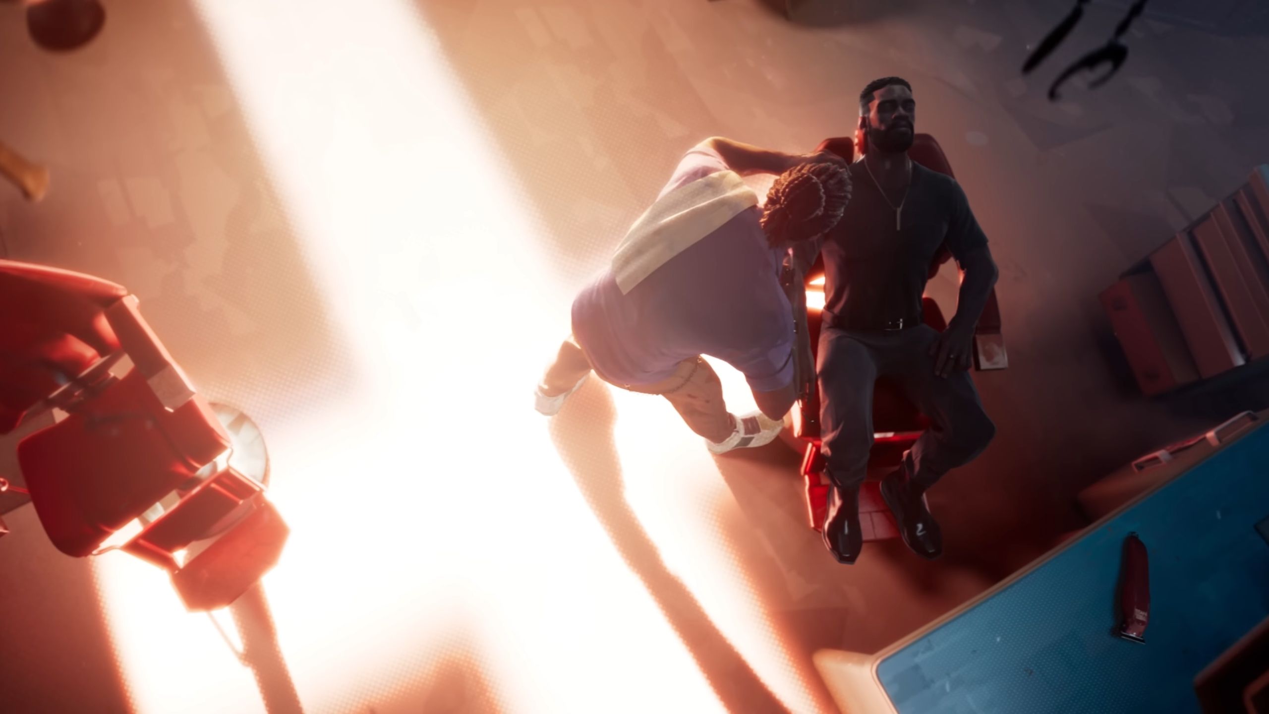 A barber and Blade in a sunlit salon in the trailer for Marvel's Blade game.
