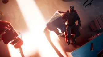 A barber and Blade in a sunlit salon in the trailer for Marvel's Blade game.