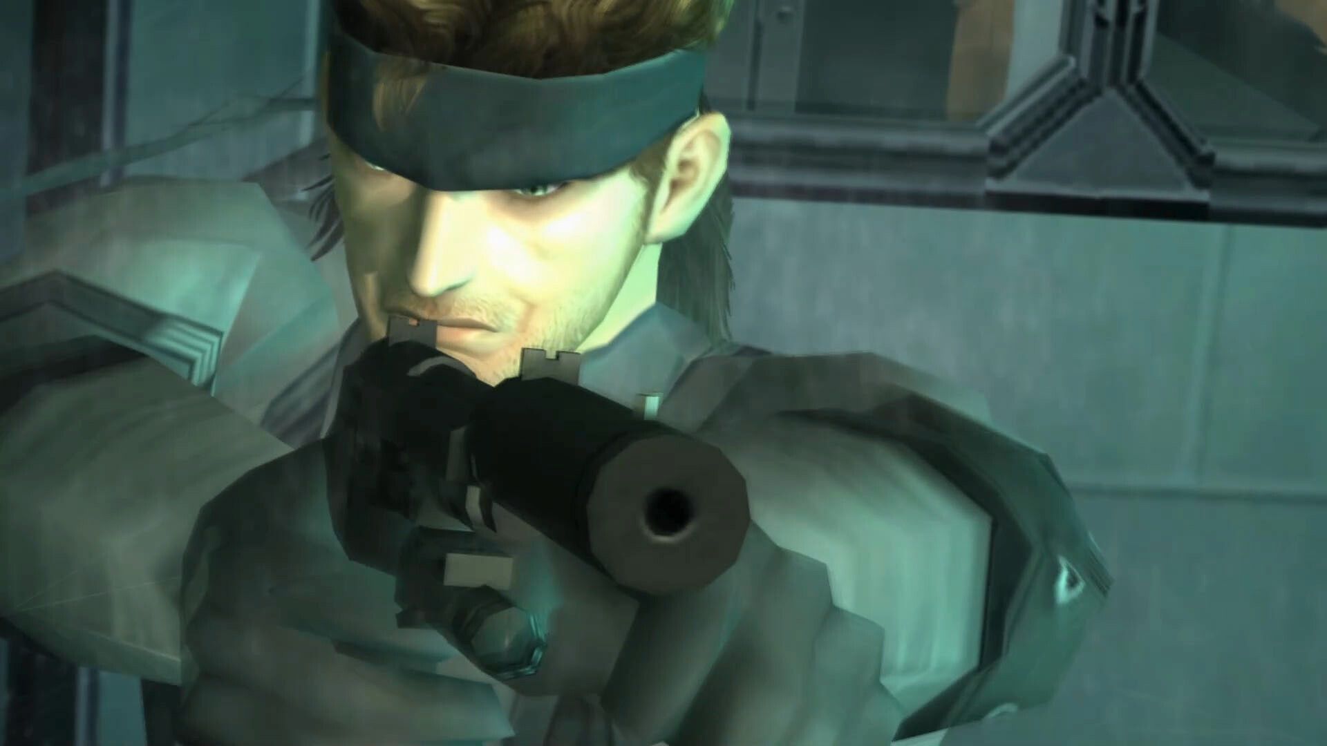 Snake aiming a silenced pistol in Metal Gear Solid 2: Sons of Liberty.