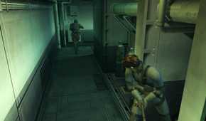 Snake peaking out of cover in Metal Gear Solid 2: Sons of Liberty.