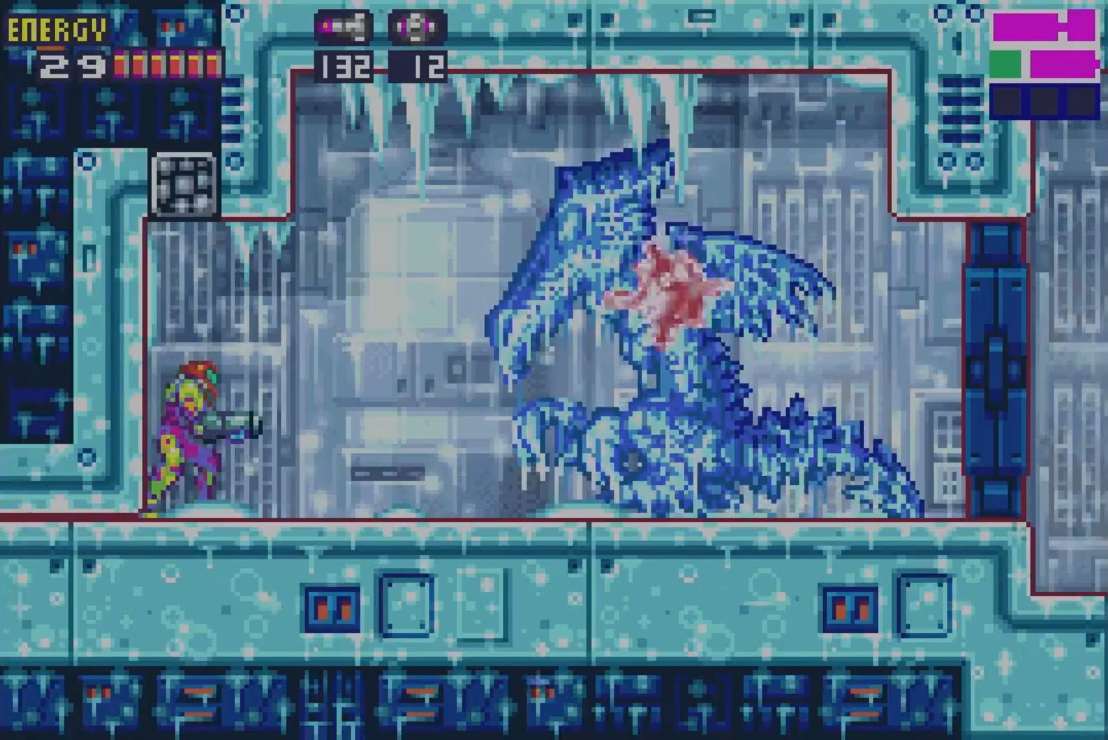 A screenshot from Metro Fusion on the Game Boy Advance.