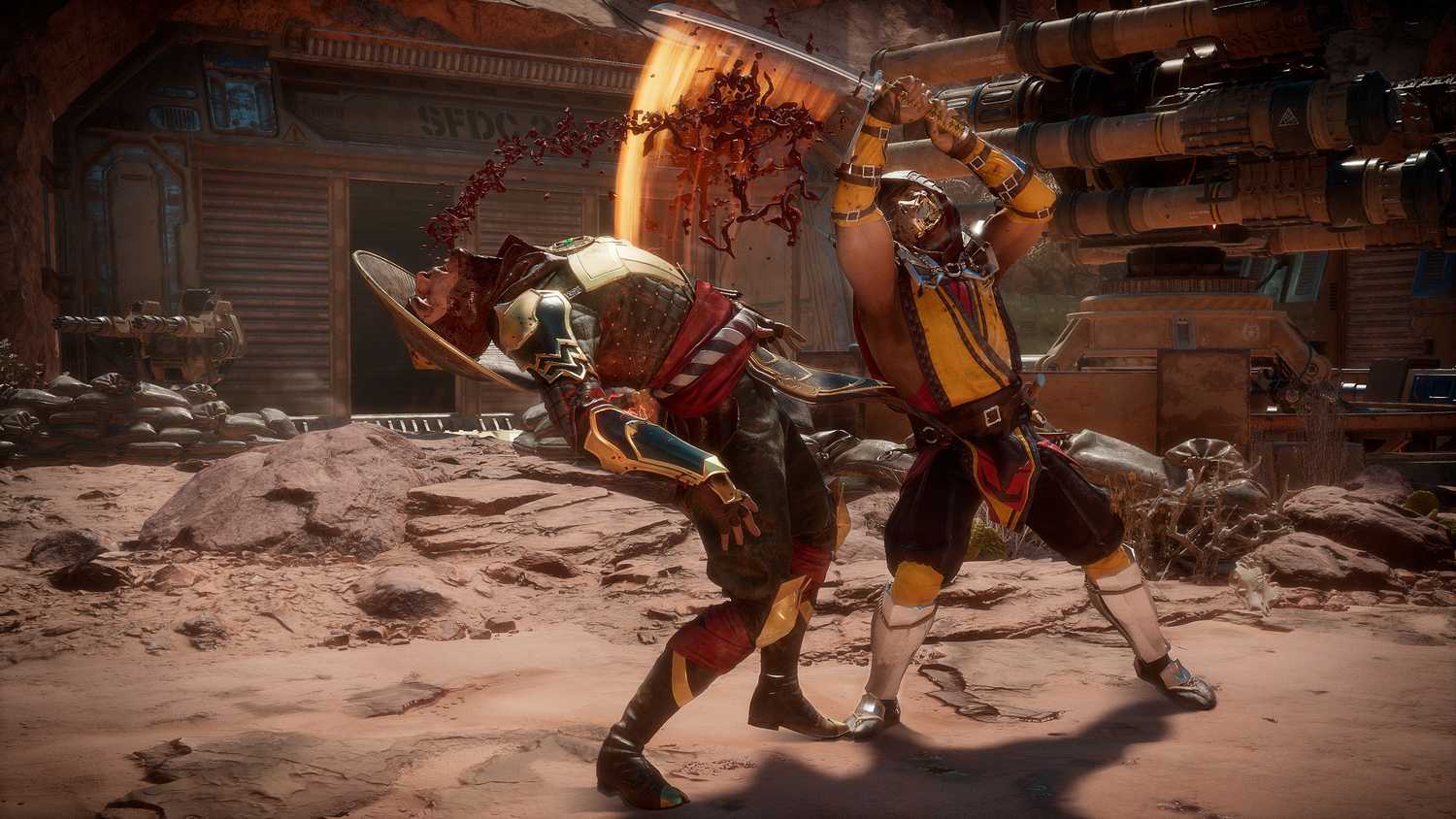 Scorpion fighting Kung Lao in Mortal Kombat 11.