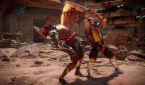 Scorpion fighting Kung Lao in Mortal Kombat 11.