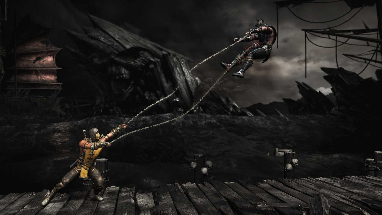 Scorpion holding his opponent in midair through his chains.