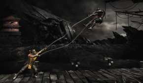Scorpion holding his opponent in midair through his chains.