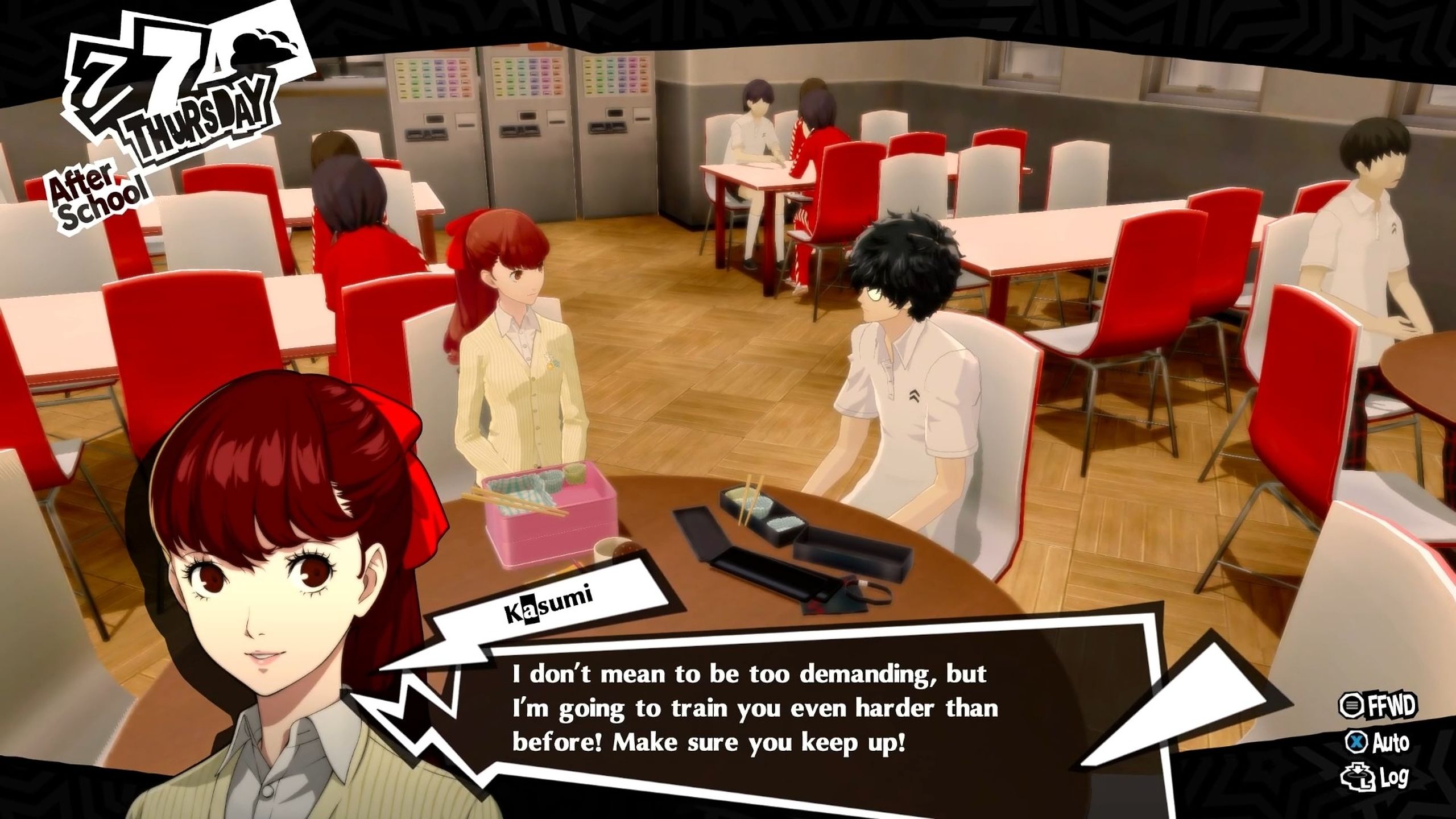 Sitting in the cafeteria in Persona 5 Royal.