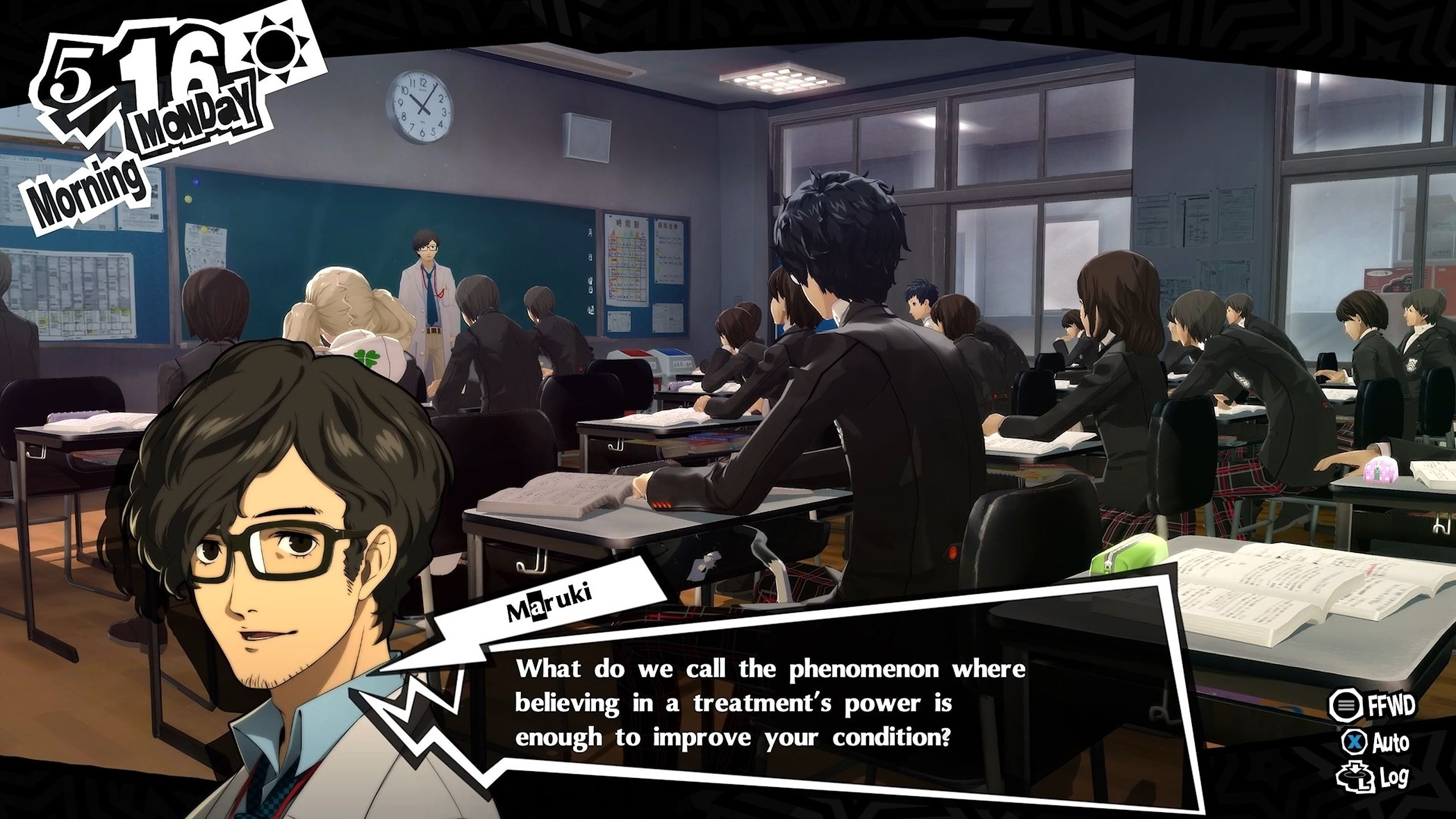 A classroom scene in Persona 5 Royal.