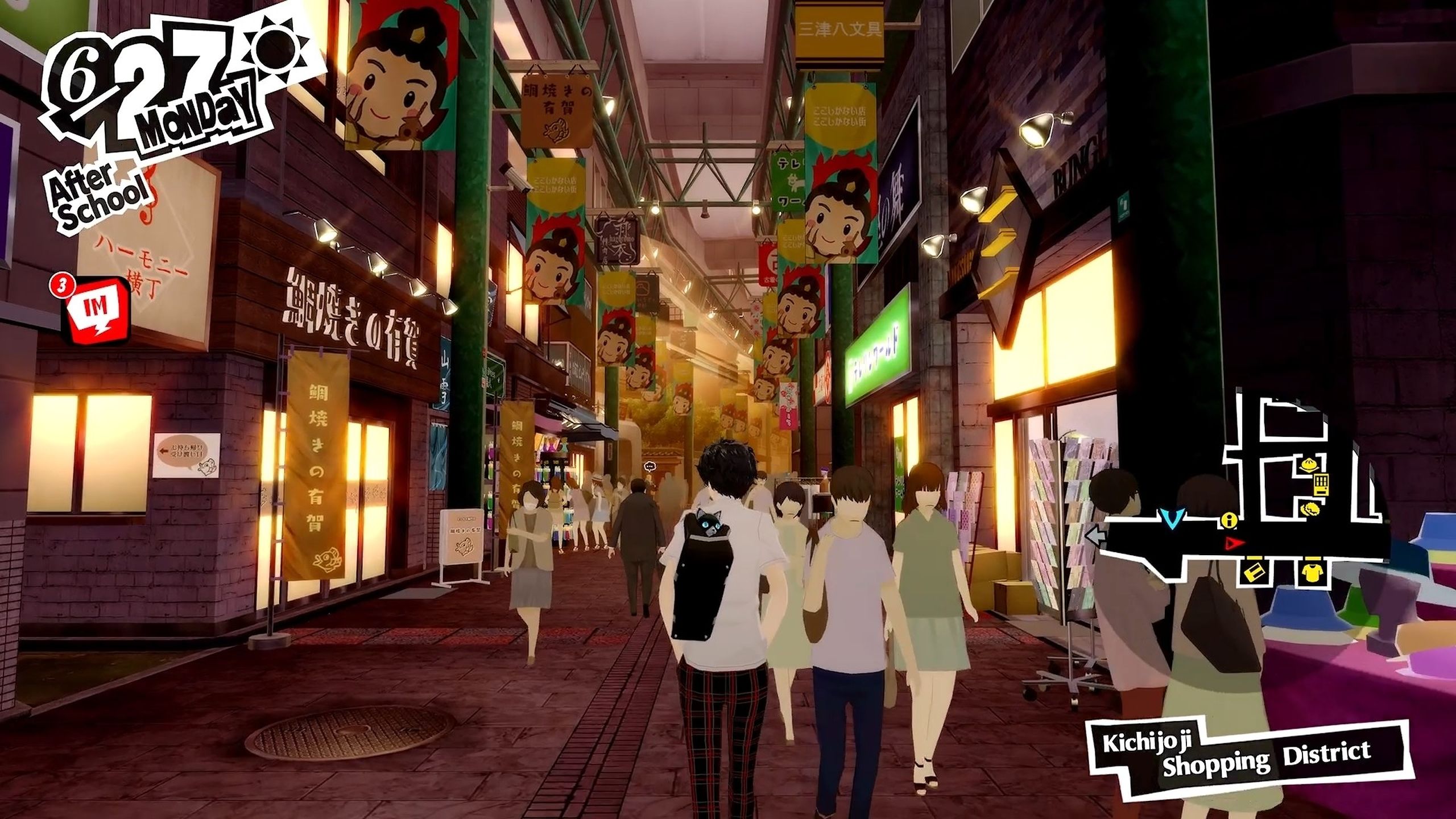 A student walking in the shopping district of Tokyo in Persona 5 Royal.