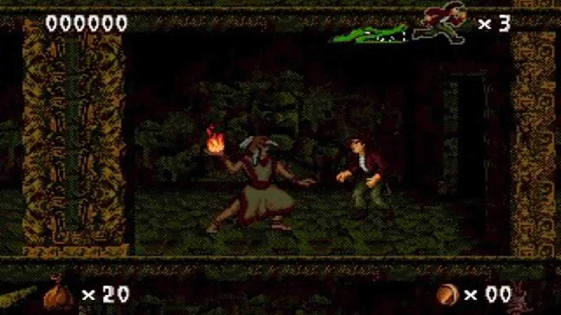 A screenshot of an enemy encounter in Pitfall: The Mayan Adventure