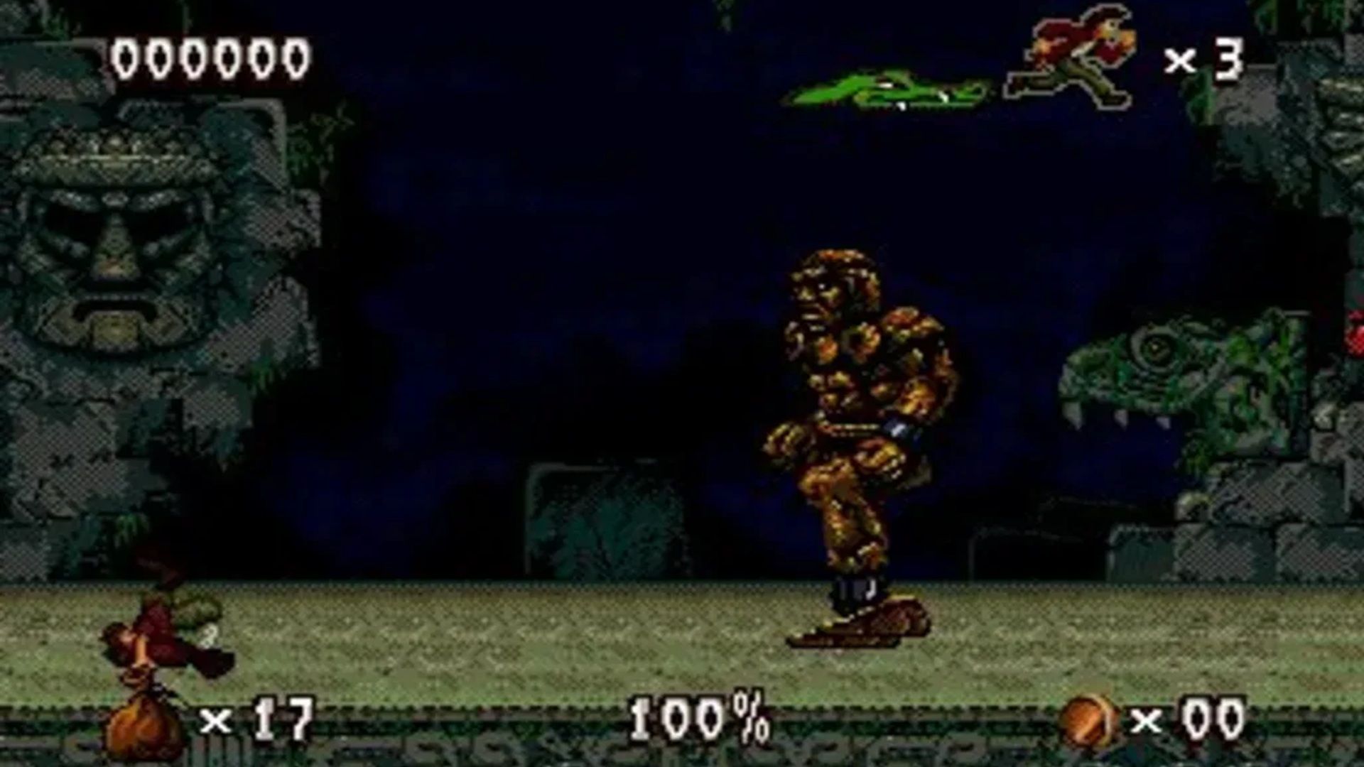 A screenshot of a boss encounter in Pitfall: The Mayan Adventure
