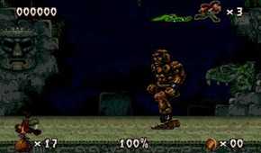 A screenshot of a boss encounter in Pitfall: The Mayan Adventure